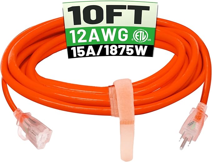 POWGRN 10 ft 12/3 Outdoor Extension Cord Waterproof Heavy Duty with Lighted Indicator End 12 Gauge 3 Prong, Flexible Cold-Resistant Long Power Cord Outside, 15Amp 1875W SJTW Orange ETL Listed