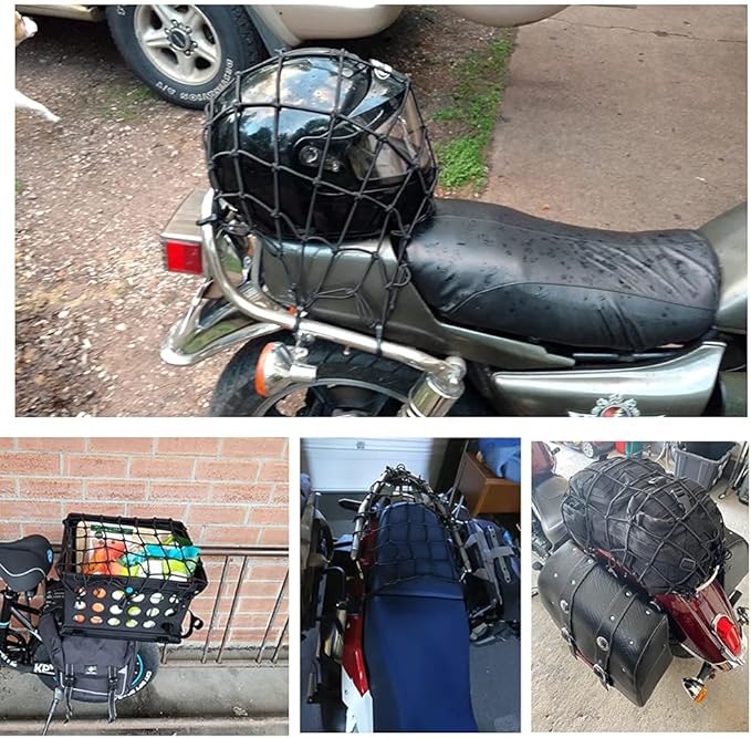 Black 15"x15" Motorcycle Cargo Net Featuring 6 Adjustable Hooks & Tight 2''x2'' Mesh Stretch up to 30'' x 30'' for Cargo Helmet net
