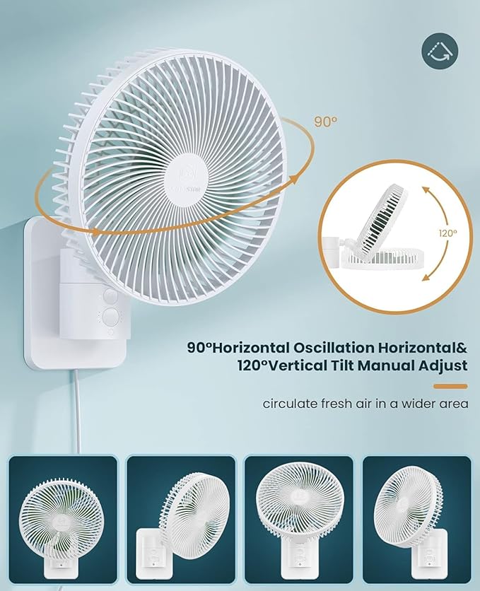 LEMOISTAR 8 Inch Small Wall Mounted Fan with Remote Control, 90° Oscillating, 4 Speeds High Velocity, Timer, Adjustable Tilt, 70 Inch Cord, Quiet, for RV Bedroom Home Office Garage-White