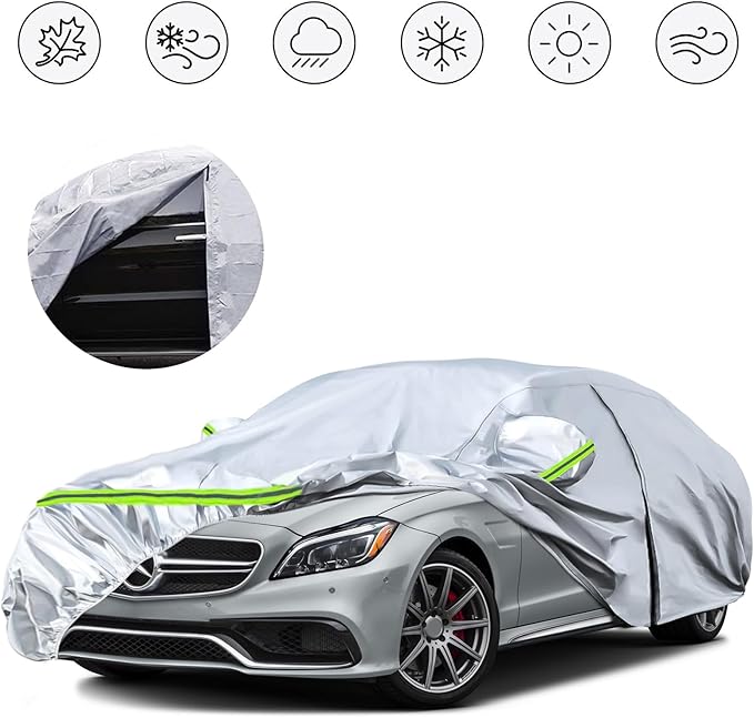 Waterproof Car Covers Replace for 2004-2025 Mercedes Benz CLS, 6 Layers Silver All Weather Car Cover with Zipper Door & Windproof Bands for Snow Rain Dust Protection