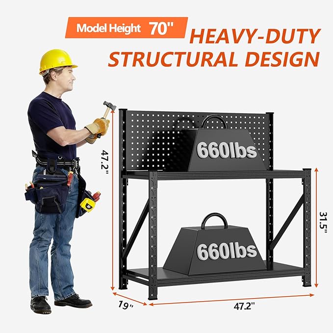 Widened Heavy Duty Workbench with Pegboard, 3000LBS Capacity Work Table with Reinforce Stable Side Beams, Metal Workstation for Garage Warehouse Workshop Office, 47.2" H x 47.2" W x 18.9" D, Black