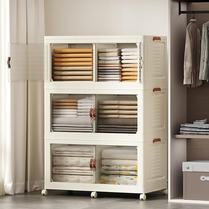 SAILUN 145Gal/579Qt Stackable Storage Bins Folding Collapsible Storage Bins with Lid, Closet Organizers and Storage Box with Door Cream 33.5" W x 19" D x 53" H