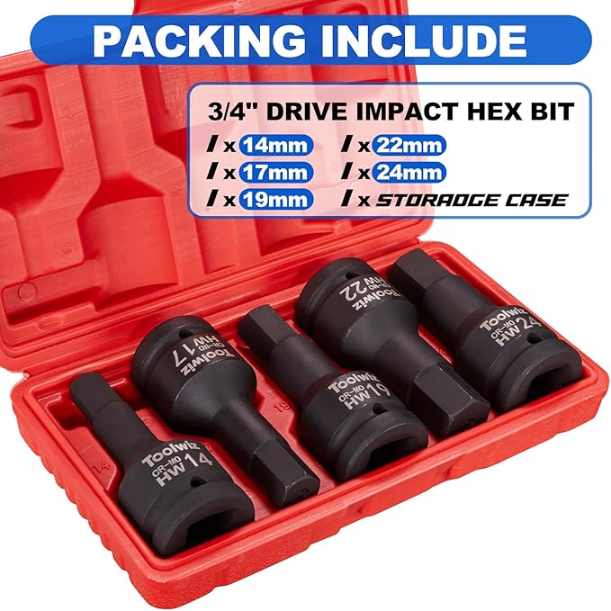 Toolwiz 3/4 Inch Drive Impact Hex Bit Set, 5-Piece Metric 14mm-24mm, Cr-Mo Steel, One-Piece Construction, Professional Automotive Impact Bit Socket Set, Heavy Duty PVC Storage Case