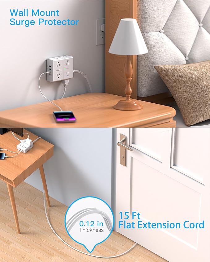 Surge Protector Power Strip 15 ft Cord, Flat Plug Extension Cord with 8 Outlets 4 USB Ports(2 USB C), 3 Side Wall Mount Outlet Extender, Long Extension Cord for Home Office Dorm Room Essentials