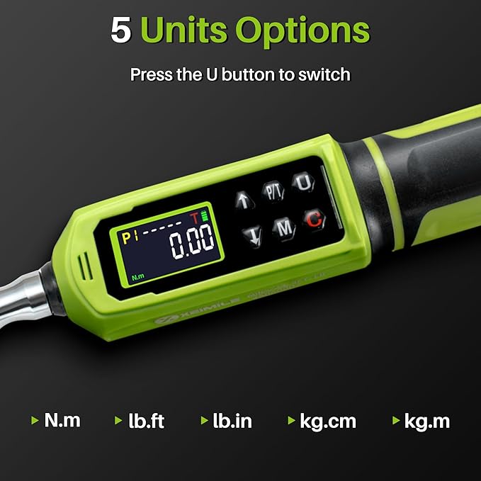 Digital Torque Wrench 3/8" Drive-0.66-44.25Ft.Lb, 0.9-60 N.m, Electric Torque Wrench With Adjustable Vibration Buzzer LED Indicator,±2% Accuracy Five Units for Bike Motorcycle Car Auto Repair