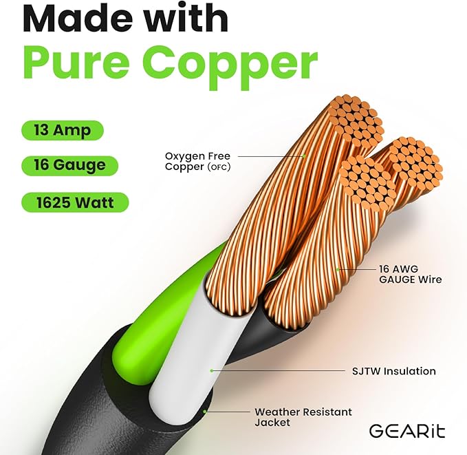 GEARit 25 Ft Extension Cords 16/3 Gauge 360° Rotating Plug Outdoor/Indoor SJTW 16 AWG 3 Prong Heavy Duty Power Cable 13A 125V 1625W for Lawn, Garden, Appliances Black