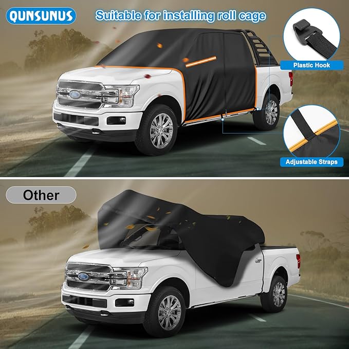 QUNSUNUS Truck Cab Cover for Ford F150 Super Crew All Years,Waterproof F150 Cab Cover with Zipper, Half Truck Cover All Weather with Wind, Sun, UV and Dust Protection