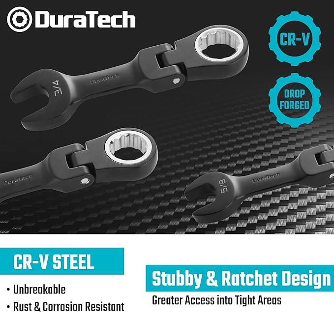 DURATECH Stubby Flex-head Ratcheting Combination Wrench Set, SAE, 8-piece, 5/16" to 3/4", CR-V Steel, Black Electrophoretic Coating, with Rolling Pouch
