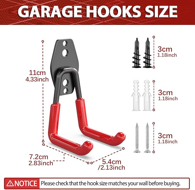 3-H Garage Wall Hooks Heavy Duty 8 Pack, Anti-Slip Steel Wall Mount Storage Hooks for Hanging Ladder Garden Yard Tools, Utility Organizer for Garage Lawn Shed(Red)