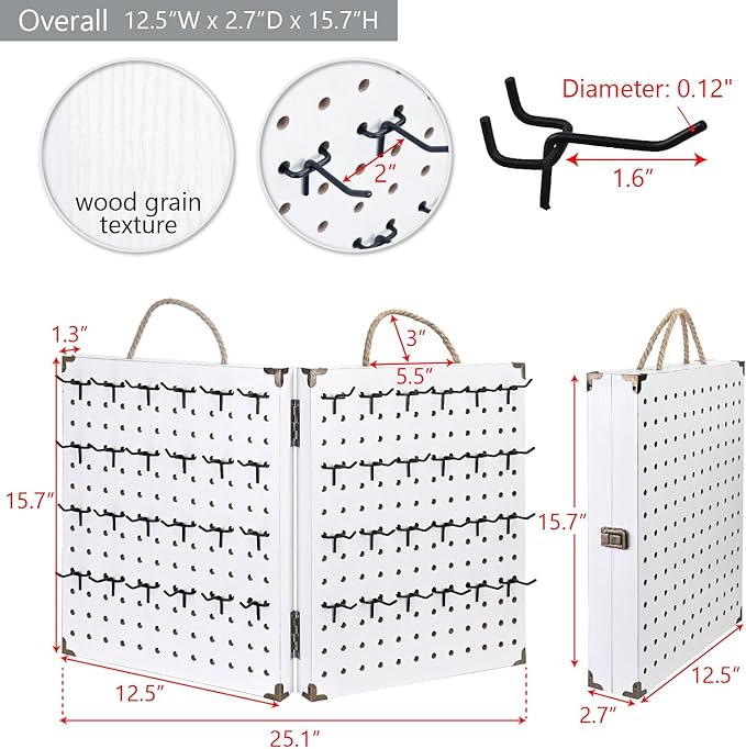 MOOCA Wooden Foldable and Portable 2 Panel Pegboard Jewelry Display Organizer with 48 Removable Black Metal Hooks & Convenient Rope Handle for Easy Carrying, Dual-Sided Panels for Hanging, White Color
