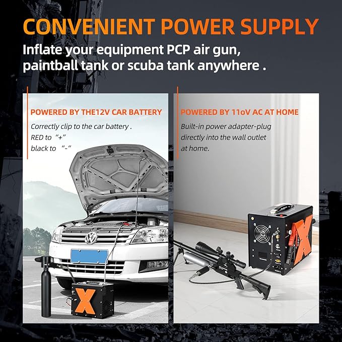 PCP Air Compressor, Auto-Shutdown Compressor, Dual Power Supply DC12V/AC 120V, 4500 PSI/30 MPa, Built-in Cooling Fan, High-Pressure Tank Compressor for PCP Air Rifles, Paintball, Diving Tanks