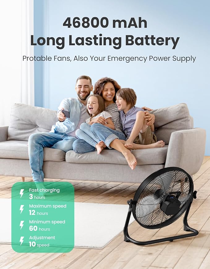 18" Portable Battery Operated Solar Fan, Rechargeable Floor Fan, Hi-Velocity Cordless Camping Fan, USB Phone Charge, 12-60H Runtime, Quiet, Wireless, For Travel Shed Outdoor Home Garage Tent Car Barn