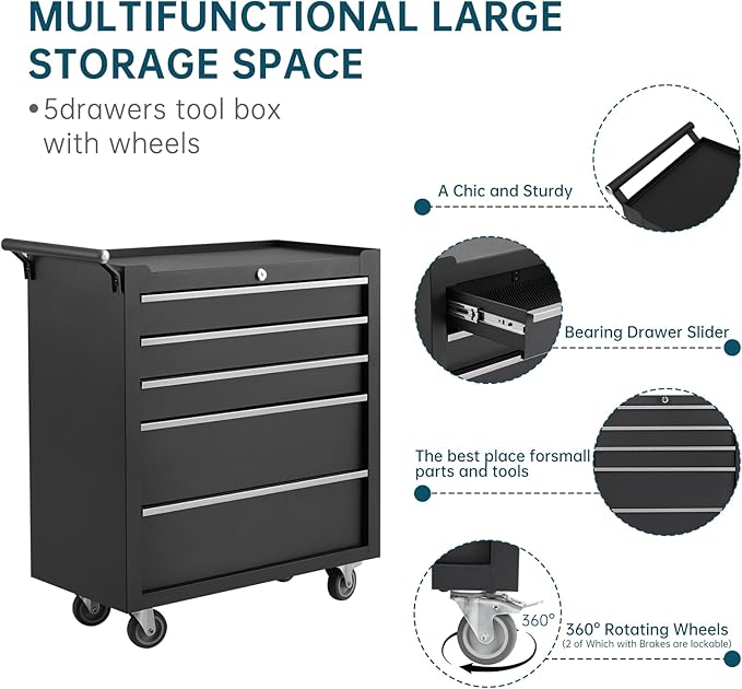 GarveeLife 5-Drawer Tool Box 24" Garage Tool Box with Key Lock and Removable Drawer Liners, Wheeled Design, Suitable for Garages, Warehouses, Workshops, and Repair Shops - Black