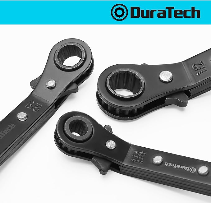 DURATECH 1/2 Inch x9/16 Inch Double Offset Box End Reversible Ratcheting Wrench, SAE, Heavy-duty, Matte Chrome Plated, Ratchet Spanner Crooked for Narrow Spaces