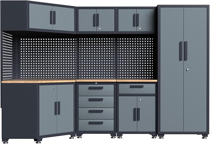 16PCS Garage Storage Cabinet System - Heavy Duty Workshop Set w/Corner Cabinet Includes Workbench, Pegboard & Lockable Drawers | Metal Tool Organization System for Garage/Workshop