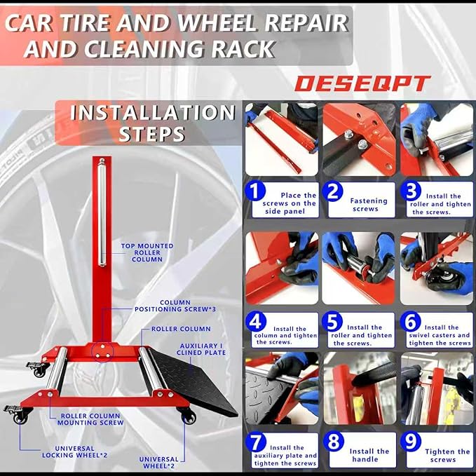 Upgraded Rolling Wheel Detailing Stand – Heavy-Duty Tire Cleaning and Polishing Roller with Wheels Handle Ramp and 3-Way Rotating Rollers for Ceramic Coating, Tire Shine, Car Wheel Wash
