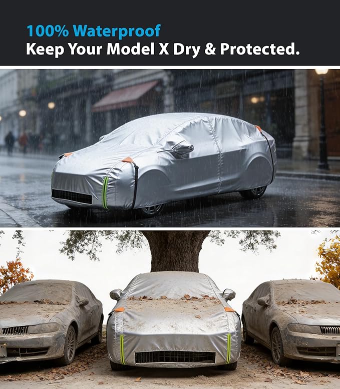 Wigoo Tesla Model X Car Cover Accessories 2015-2026, Custom Fit Waterproof All Weather Outdoor Full Car Cover, Windproof UV Rain Snow Dust Protection, Door Zipper, Charging Port, Ventilated Mesh