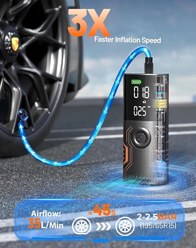 Tire Inflator Portable Air Compressor - Smart APP Air Pump for Car Tires, All-in-One Storage Portable Tire Pump for Car, 3X Speed & Automatic Stop Inflation, for Car, Motorcycle, Bicycle, Ball