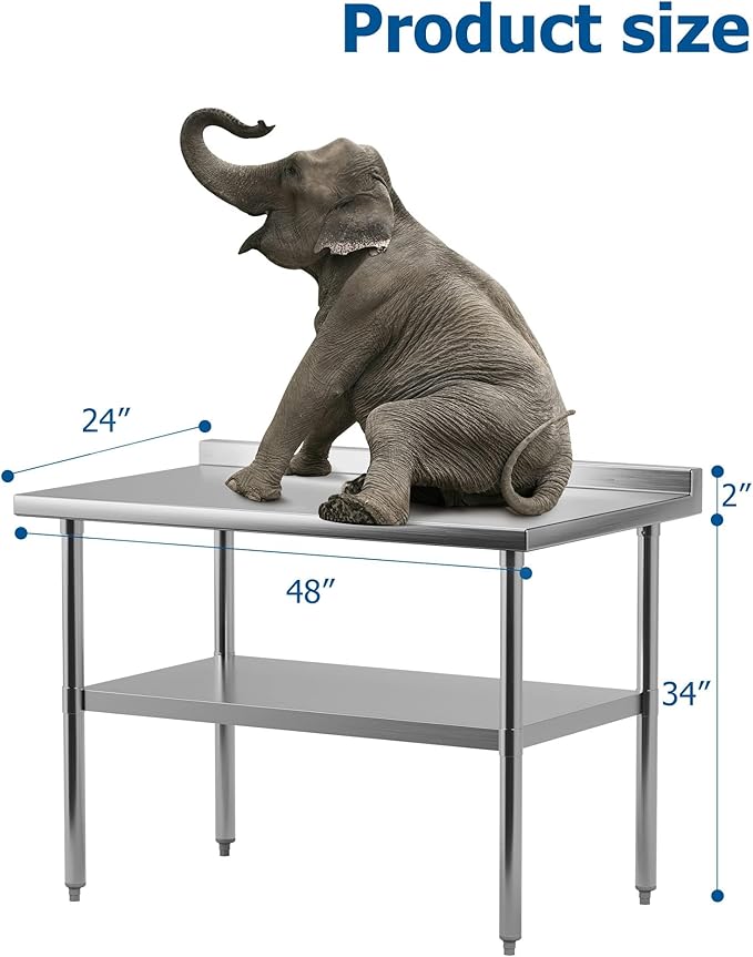 DEXSO Stainless Steel Table[48" X 24"][NSF Certified] with Undershelf[Backsplash] Heavy Duty Metal Commercial Kitchen Table for Home, Restaurant, Hotel