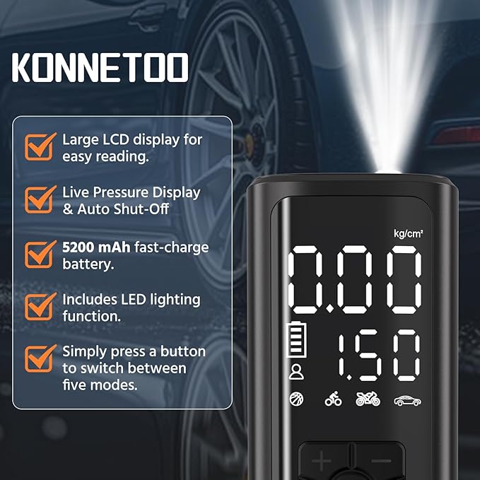 KONNETOO Inflator Portable Air Compressor - Air Pump for Car Tires with Tire Pressure Gauge - One Click Smart Pump Tire Inflator for Car, Motorcycle, Bicycle and More