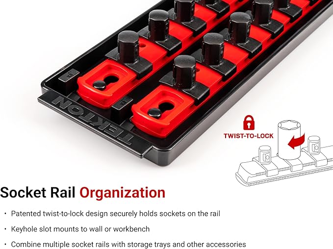 TEKTON 1/2 Inch Drive Deep 6-Point Socket Set with Rails and Tray, 29-Piece (10-38 mm) | SHD92125