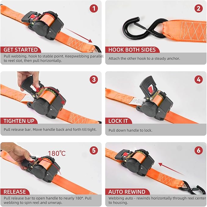 Retractable Damped Ratchet Tie-Down Straps 1800 lbs, 1in × 10ft Self-Retracting Ratchet Straps with Dampers, Heavy Duty S-Hooks, Auto Retract Strap System for Cargo, Trucks, Trailers, 2 Pack, Orange