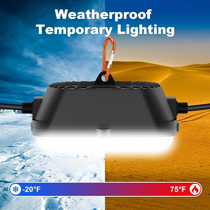 50FT LED Construction String Lights, 75W Super Bright 7500LM Plug in Linkable String Work Lights, 5000K Waterproof IP67 Temporary Lighting for Construction Sites, Jobsites, Indoor & Outdoo