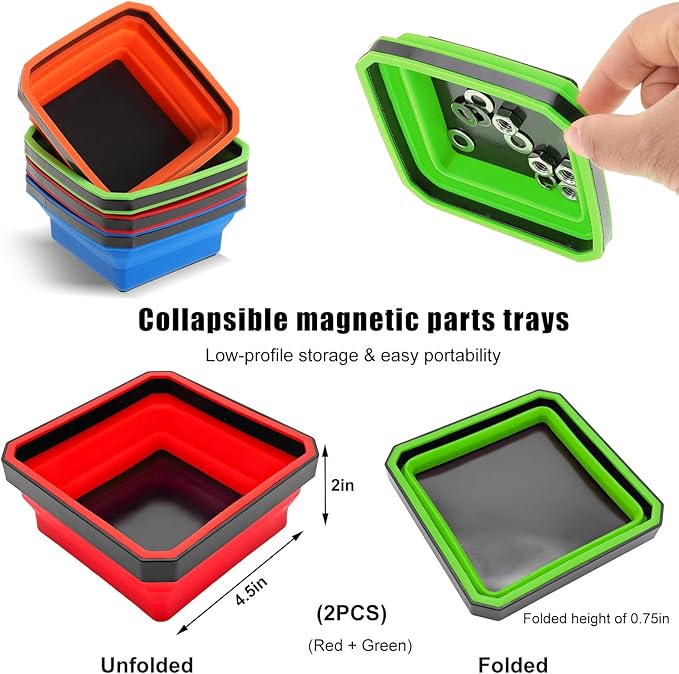 2 PCS Collapsible Magnetic Parts Tray, 4.5 Inch Foldable Magnetic Square Silicone Tray, Tool Tray Set with Double-Sided Magnetic Base for Screw Bolts Nuts Pins, Car Accessories (Green+Red)