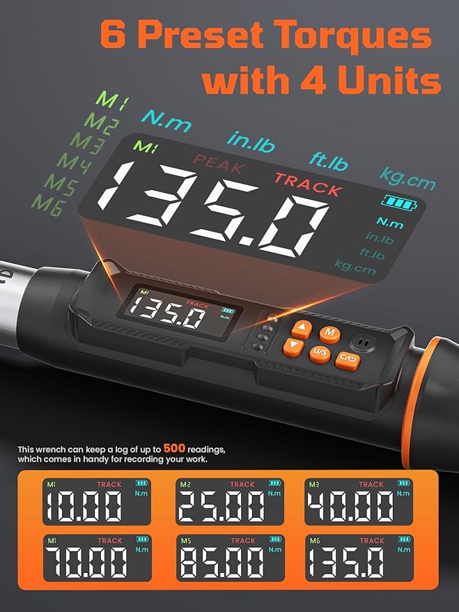3/8" Drive Digital Torque Wrench, 5.02-99.57 Ft.lb/6.8-135 Nm, Inch Pound Torque Wrench Electronic with Buzzer & Colorful LED Indicator, Torque Wrench Set for Cars Automotive Motorcycle