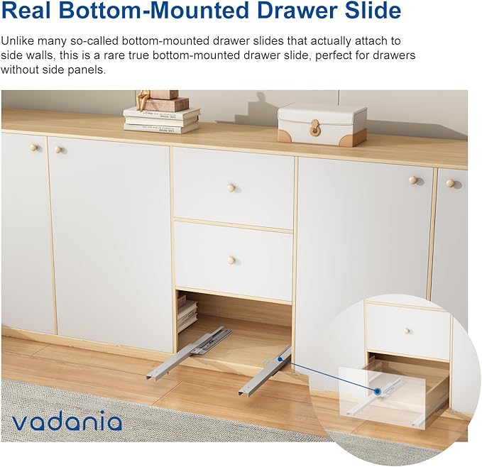 VADANIA 12" Undermount Drawer Slide, Soft Close, Bottom Mounted & Bottom Support, 88 lb Load Capacity, 3-Fold Full Extension, Invisible Drawer Slies,1 Pair(2-Pack)