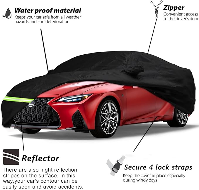 Yixin Waterproof Car Cover for 2005-2026 Lexus is IS200 IS200t IS250 IS250C IS300 IS350 IS350C ISF Sport Car Cover Custom Fit 100% Waterproof Windproof Strap & Single Door Zipper Up to 188'' L（Black）