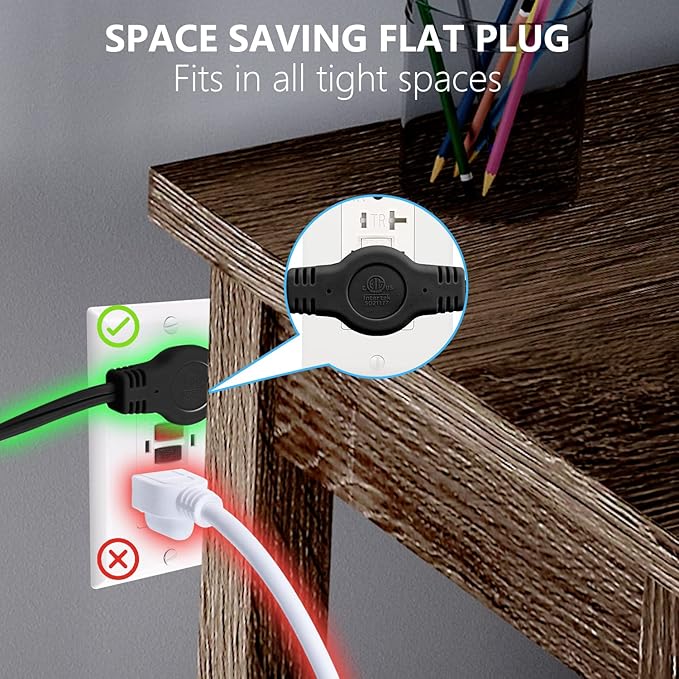K Kasonic 12 Feet Twin Extension Cord Power Strip, 6 Feet on Each Side, Flat Head Outlet Plug,6 Polarized Outlets with Safety Cover, Double Extension Cord Splitter for Indoor Use, ETL Listed (Black)