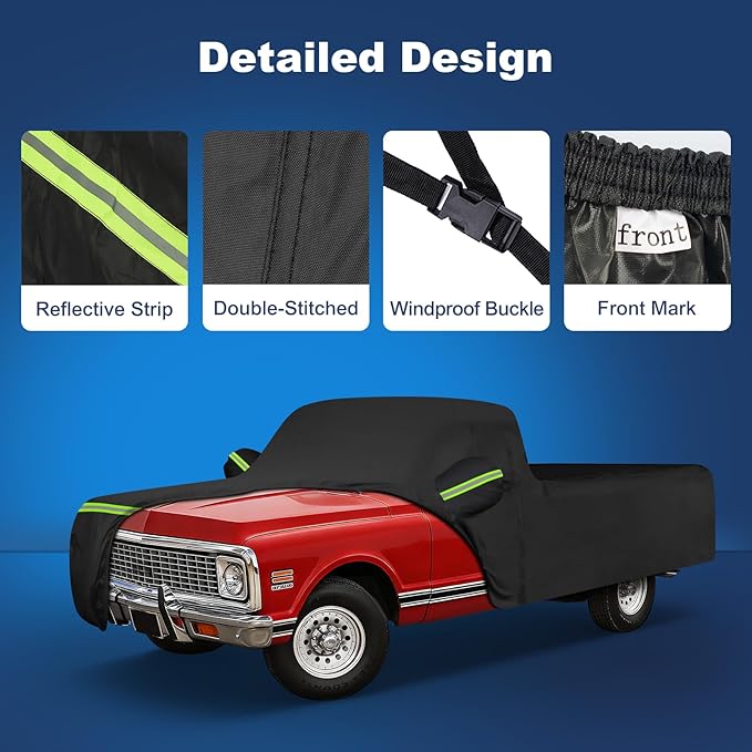 QUNSUNUS Car Cover for Chevrolet C10 C20 K10 K20 Long Bed 1960-1991, Waterproof C10 Truck Covers with Cotton Lining, All Weather Cover with Straps and Zipper