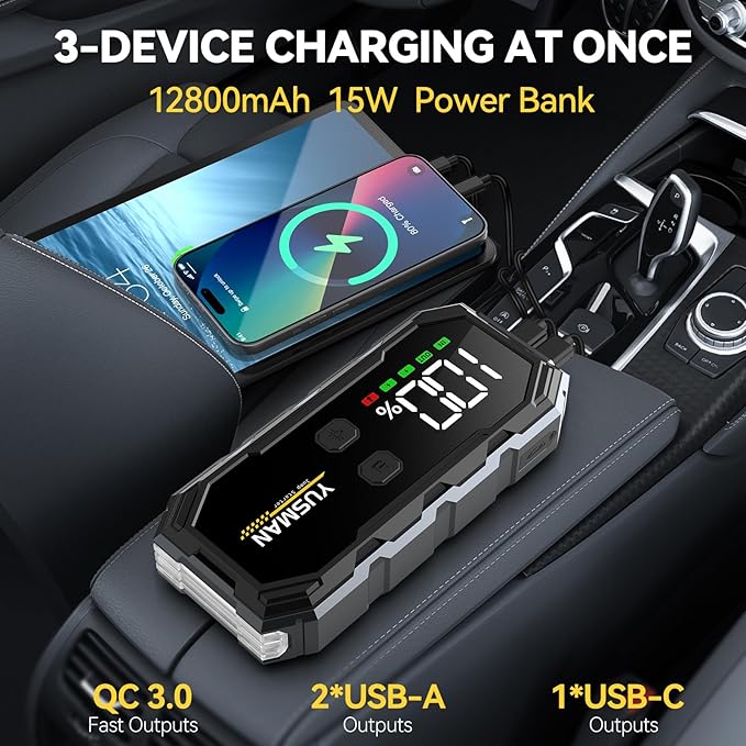 Car Jump Starter, 6000A 12V Jump Battery Pack (8.0 Gas/6.0L Diesel), Portable Jump Starter with Display, Car Jump Starter with Extended Smart Cables, Quick Charge 3.0, LED Light