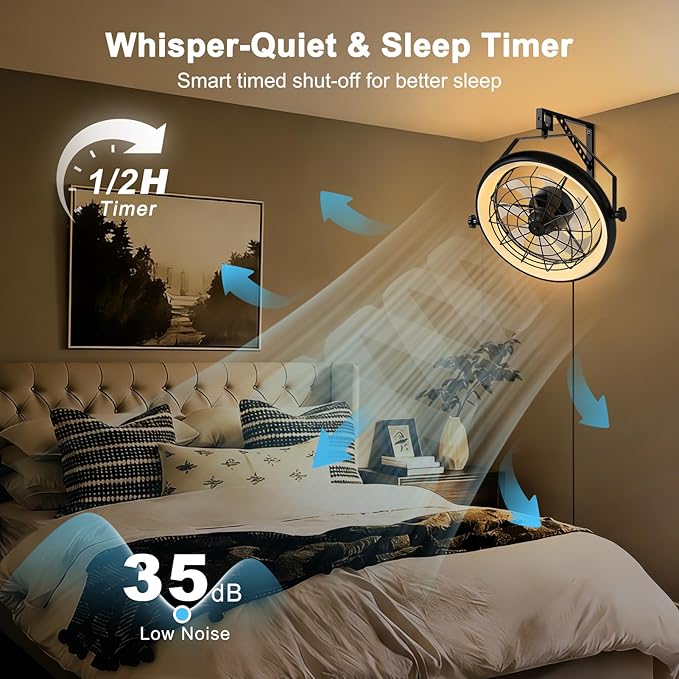 23" Wall Mount Fan with Light,3 CCT, Dimmable,Quiet 6 Speed Wall Mounted Fan with Remote/App Control, Timer, 360° Adjustable Tilt Plug in Wall Fan for Garage,Patio,Tool Room,Home