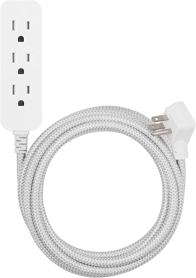 Cordinate 3-Outlet Power Strip Extension Cord with Multiple Outlets 15 Ft Indoor Braided Grounded Flat Plug Extension Cord ETL Listed White 50011