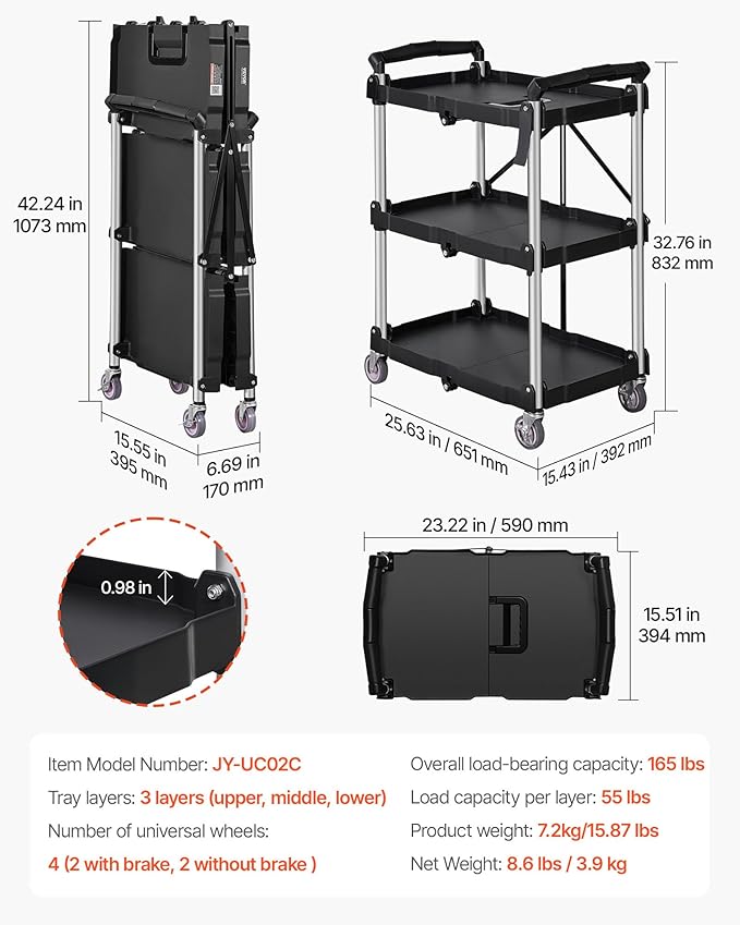 VEVOR Foldable Utility Service Cart, 165LBS 3 Shelf Heavy Duty Plastic Rolling Cart with 360° Swivel Wheels (2 with Brakes), Ergonomic Handle, Portable Garage Tool Cart for Warehouse Office Home