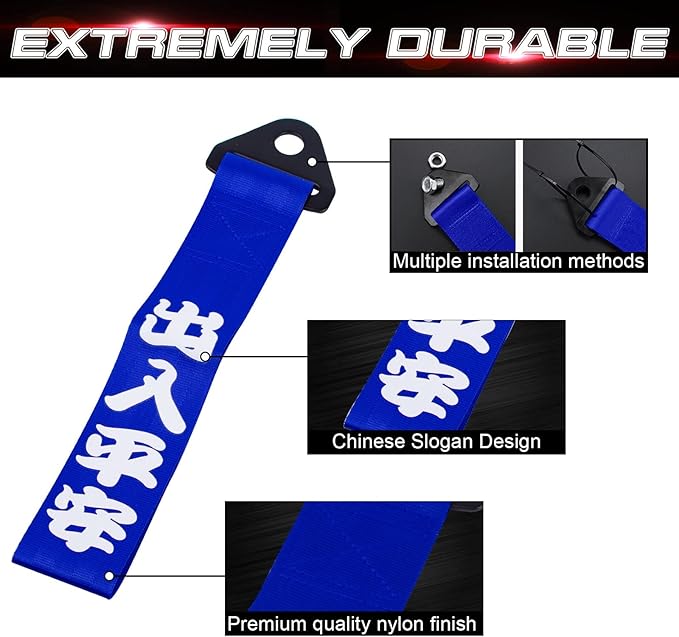 x xotic tech Tow Strap JDM Sports Blue Racing Tow Strap Car Modification Decorative Trailer Belt Personalized with Chinese Slogan Fit for Rear Front Bumper (Good Luck/Safe Trip Wherever You go)