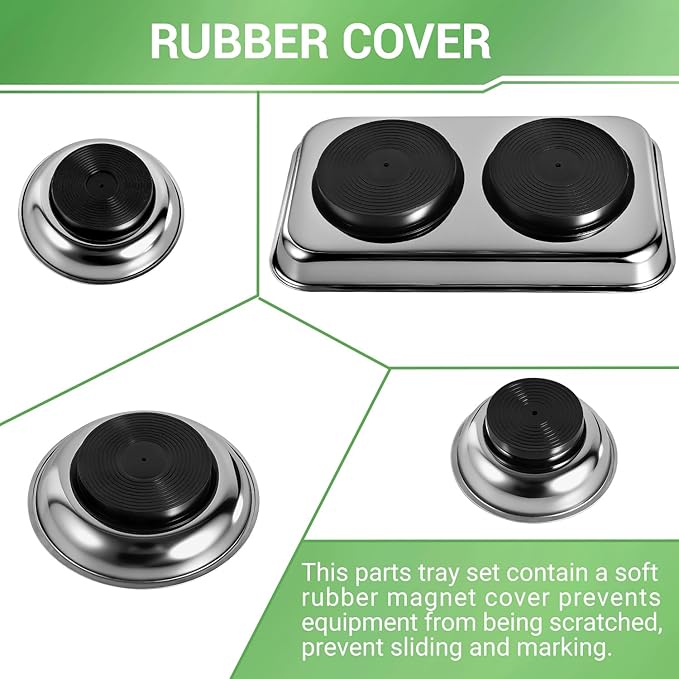 Magnetic Tray 4-Piece, Large Magnetic Parts Tray and Round Magnetic Parts Tray Set, Stainless Steel Heavy Duty 9.5" W x 5.5''L Square and 6" 4" 3"Round Tools Tray
