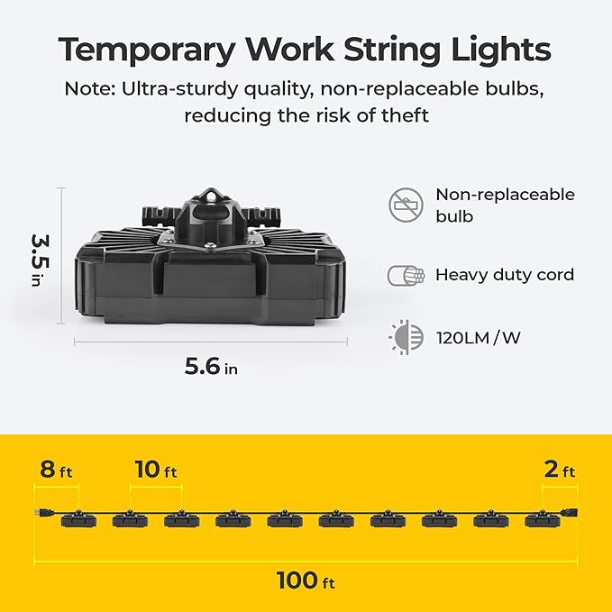 LED String Lights: 3 Prong 180w ETL Listed Bright Industrial Outdoor Temporary Lighting Hanging IP65 Waterproof 18AWG Wire Work Construction Light for Attic Jobsite Garage
