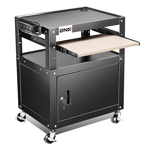 DNA Motoring Steel AV Cart with Extra Storage, 24" X 18" X 20.7"-30" Height Adjustable 2-Layer Utility Rolling Projector Cart w/Wheels, Pull Out Tray, Power Strip, Cord Management, TOOLS-00496