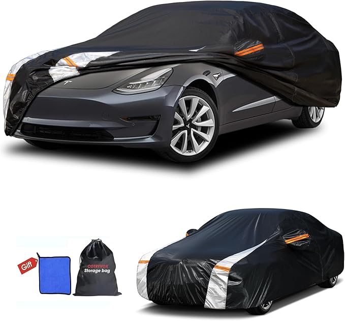 12-Layer Custom Fit Car Cover for Tesla Model 3 (2017-2026), Upgraded Waterproof All-Weather Full Exterior Cover with Door Zipper, for Snow Rain Dust and Sun UV Protection-Black.
