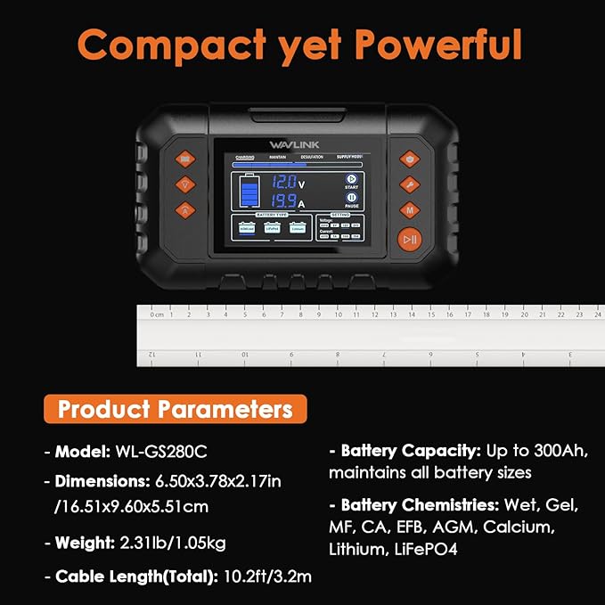WAVLINK 280W Smart Battery Charger, Max. 20A Trickle Charger with LCD Display, for 6V/12V/24V Lead-Acid/Lithium/LiFePO4 Batteries, Battery Maintainer and Desulfurizer for Cars (20-amp)
