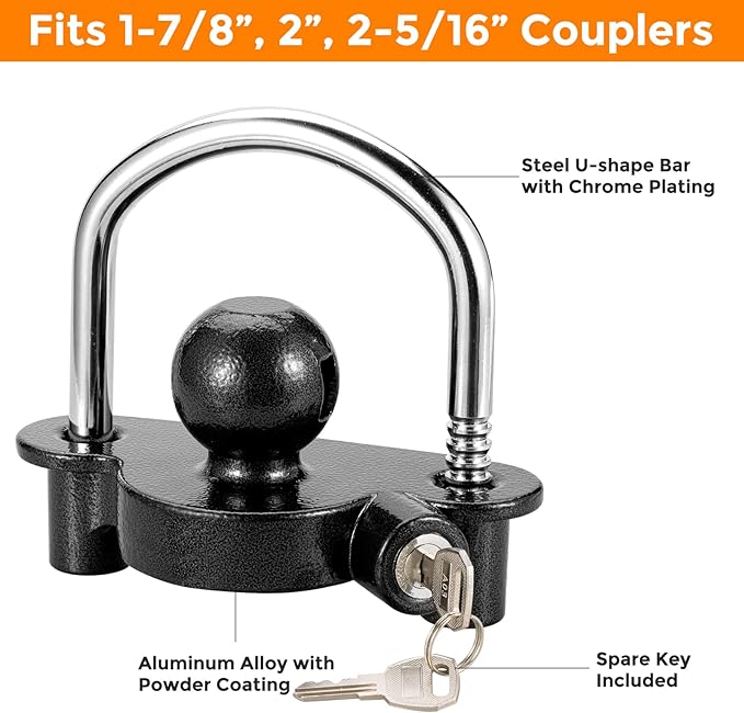 TOPSHINE Trailer Hitch Lock Universal Ball Tow Coupler Security Lock Anti-Theft Fits 1-7/8", 2", and 2-5/16" Couplers, Heavy Duty Steel for Towing Trailers Caravans, Black