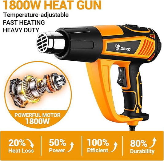 Heat Gun Hot Air Gun: DEKOPRO 1800W Heat Guns with Variable Temperature Control 120℉-1200℉/50℃- 650℃, Heat Guns for Crafting, Vinyl Wrap, Shrink Wrap with Overload Protection & 4 Nozzles