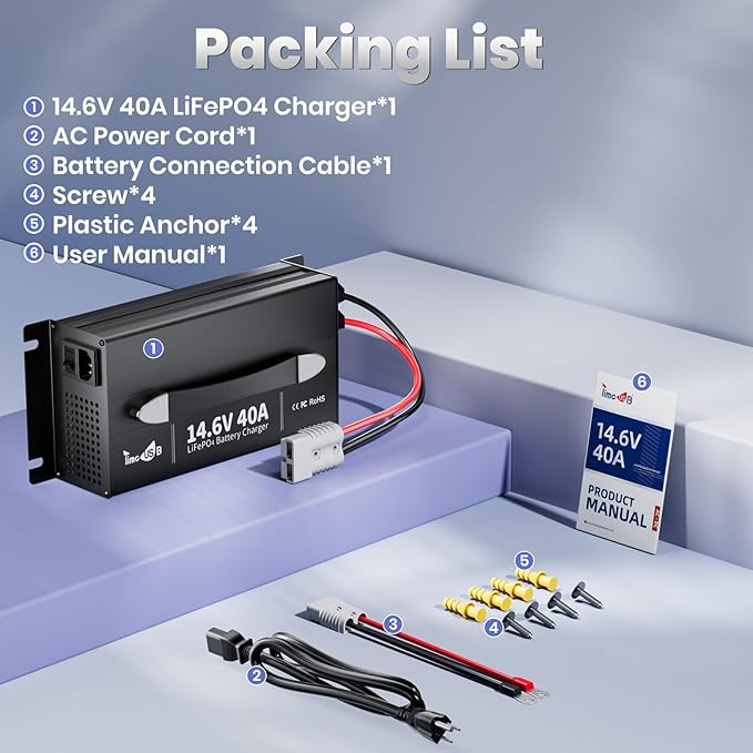 Timeusb 14.6V 40A LiFePO4 Battery Fast Charger, 12V Lithium Battery Charger with 40A High Output Current, AC-DC Smart Charger for Deep Cycle Batteries in RV, Boat, Marine, Off-Grid Applications