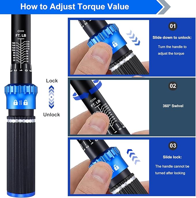 Torque wrench Set 1/2 drive,1/2 Torque Wrenches 10-170 FT.LB/13.6-230.5 Nm,±3% Precision Wrench with 1/2'' to 3/8'' Socket Adapter, 5 Inch Extension Bar for Car and Moto Maintenance