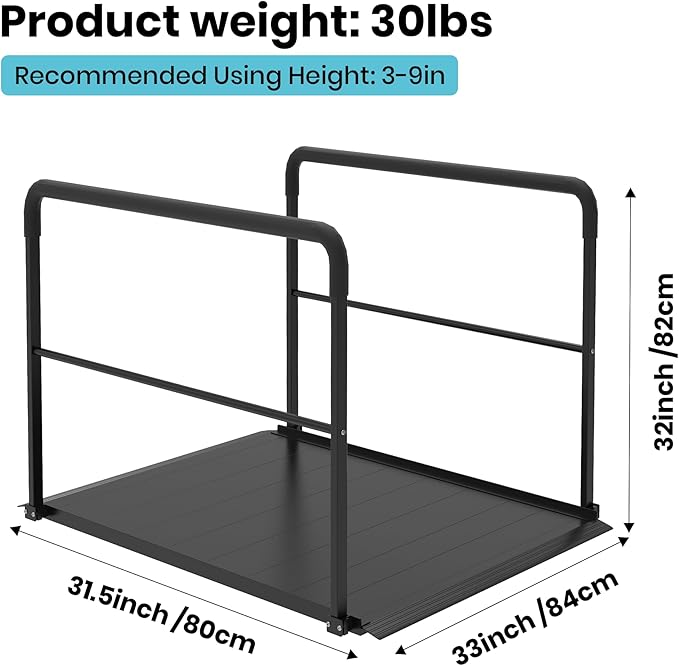 3FT Wheelchair Ramp with Handrails, Heavy Duty 800 lbs Capacity, Aluminum Threshold Ramp for Home Steps, Doorways & Curbs - Semi-Permanent Non-Slip Access for Wheelchairs, Scooters, Seniors & Disabled