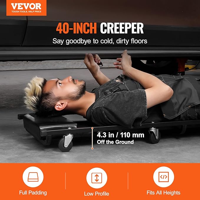 VEVOR Mechanic Garage Creeper, 40-Inch, 300 lbs Capacity Automotive Rolling Creeper with 6 Casters Adjustable Cushioned Headrest, Heavy Duty Steel Frame Low Profile for Garages, Repair Shops, and DIY