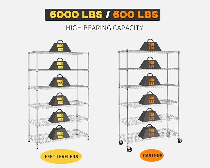 BestMassage Wire Shelving Unit Heavy Duty Garage Storage Shelves Large Metal Shelf Organizer 6-Tier Height Adjustable Commercial Grade Utility Steel Storage Rack with Wheels,18 x 48 x 72 (Chrome)